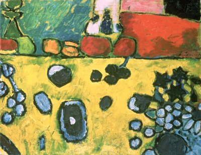 Still life with a colourful tablecloth by Alexej von Jawlensky